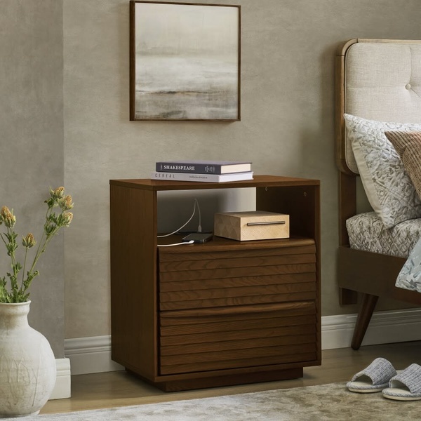 nightstand, bedside table, bedroom furniture, storage nightstand, wood end table, product demo, lifestyle, calm, trustworthy, brown, neutral